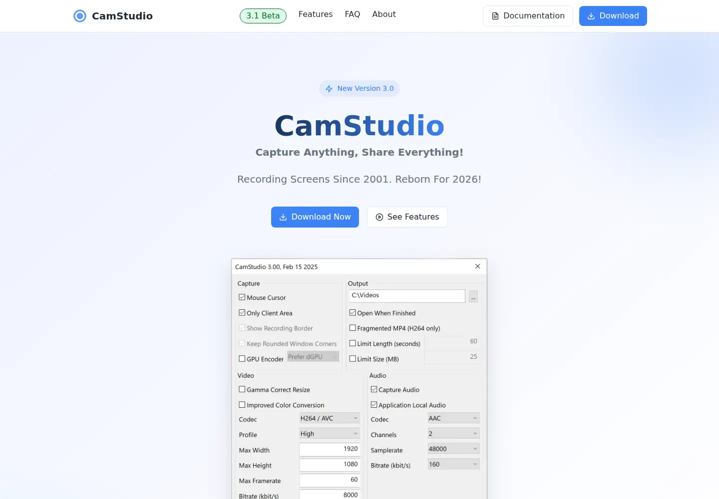 Captured homepage of camstudio.org in the current scan