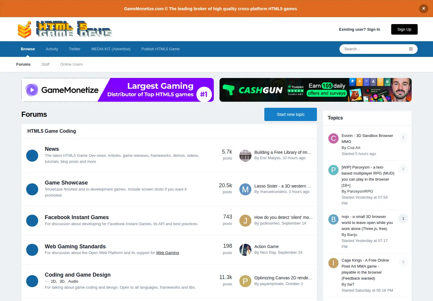 Screenshot of html5gamedevs.com