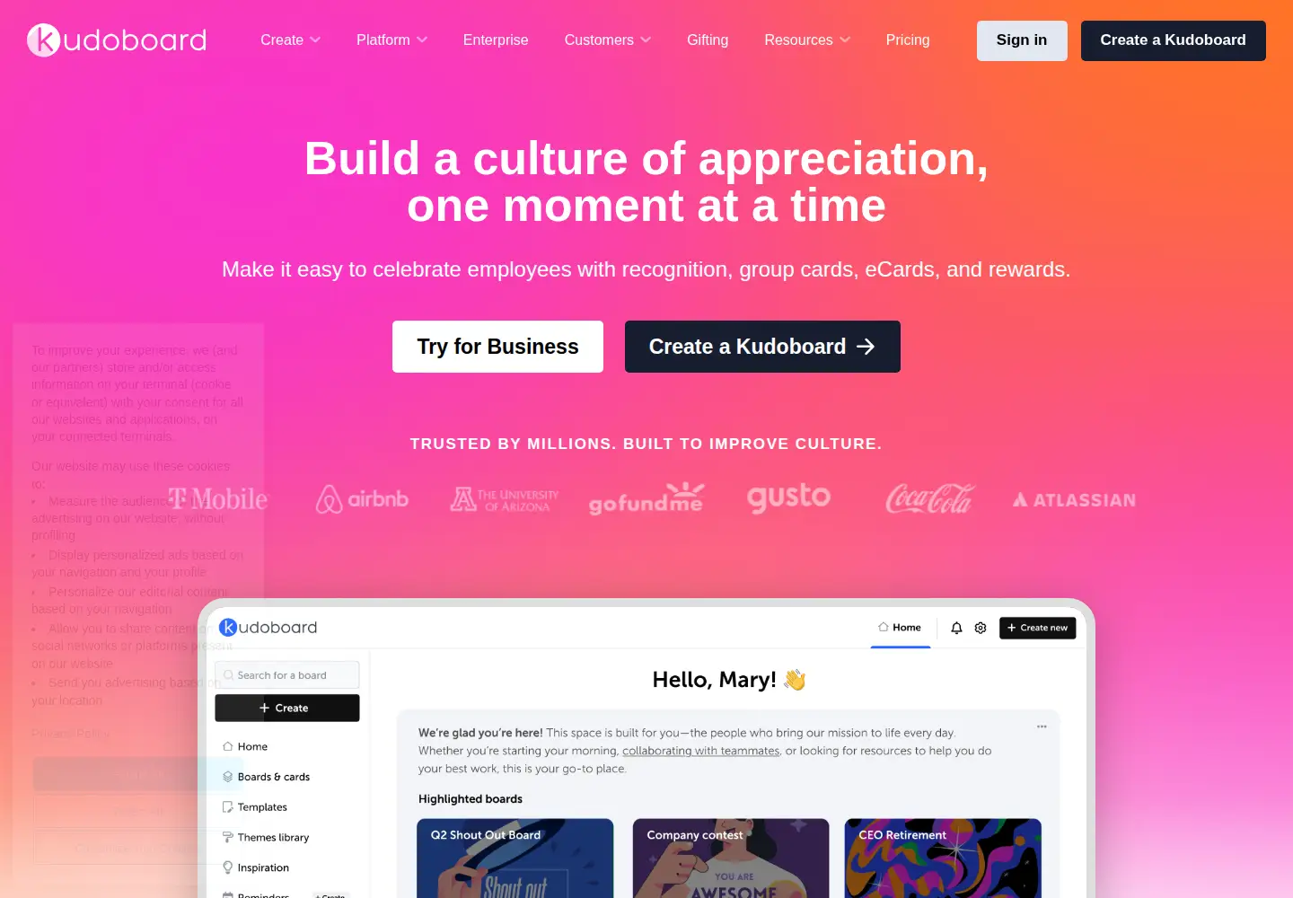 Captured homepage of kudoboard.com in the current scan