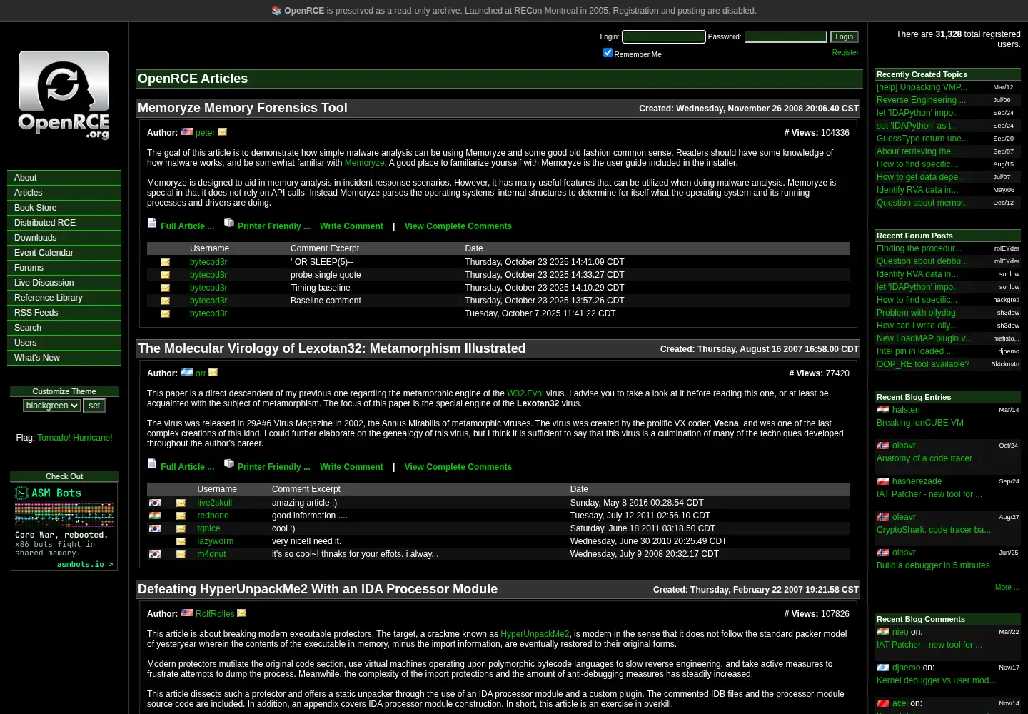 Captured homepage of openrce.org in the current scan