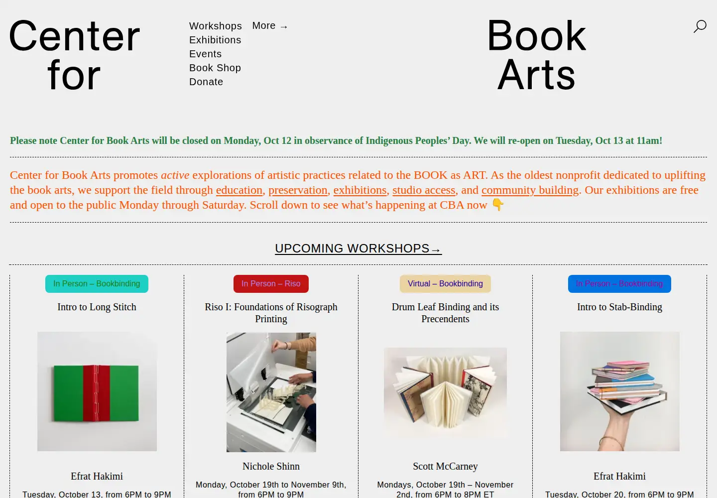 Captured homepage of centerforbookarts.org in the current scan