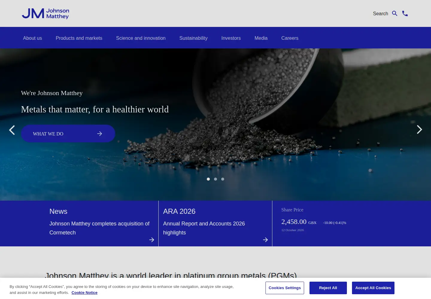 Captured homepage of matthey.com in the current scan