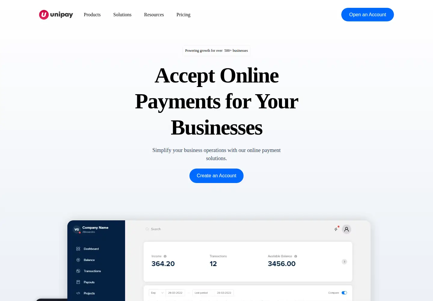 Captured homepage of unipay.com in the current scan