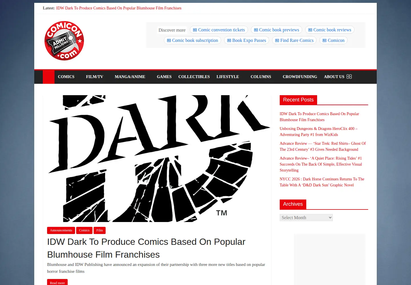 Captured homepage of comicon.com in the current scan