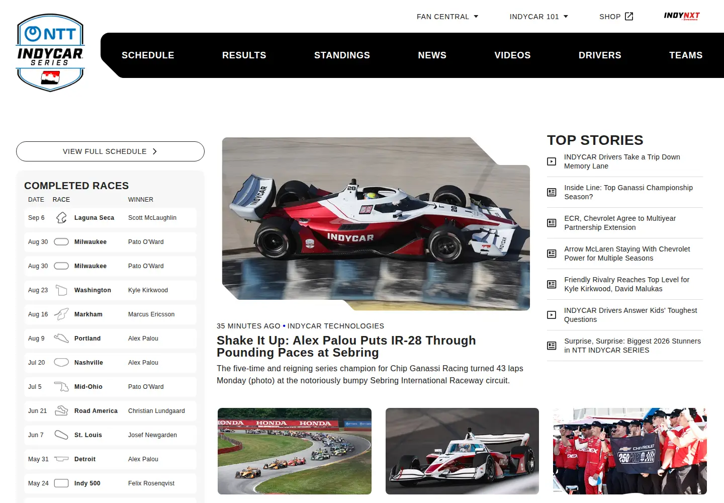 Captured homepage of indycar.com in the current scan