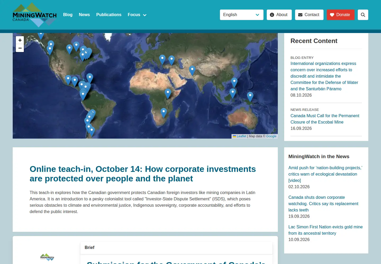 Screenshot of miningwatch.ca