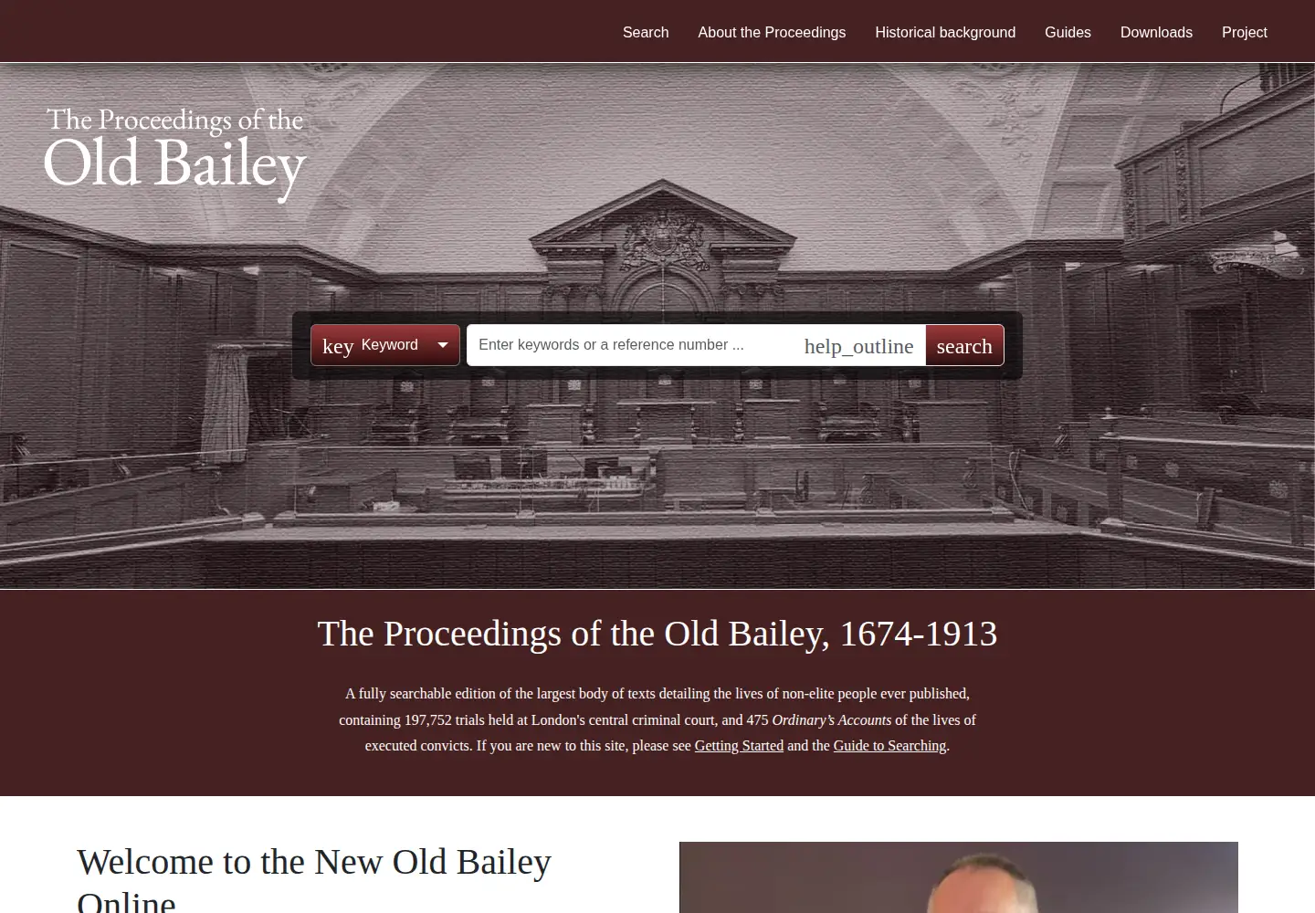 Captured homepage of oldbaileyonline.org in the current scan