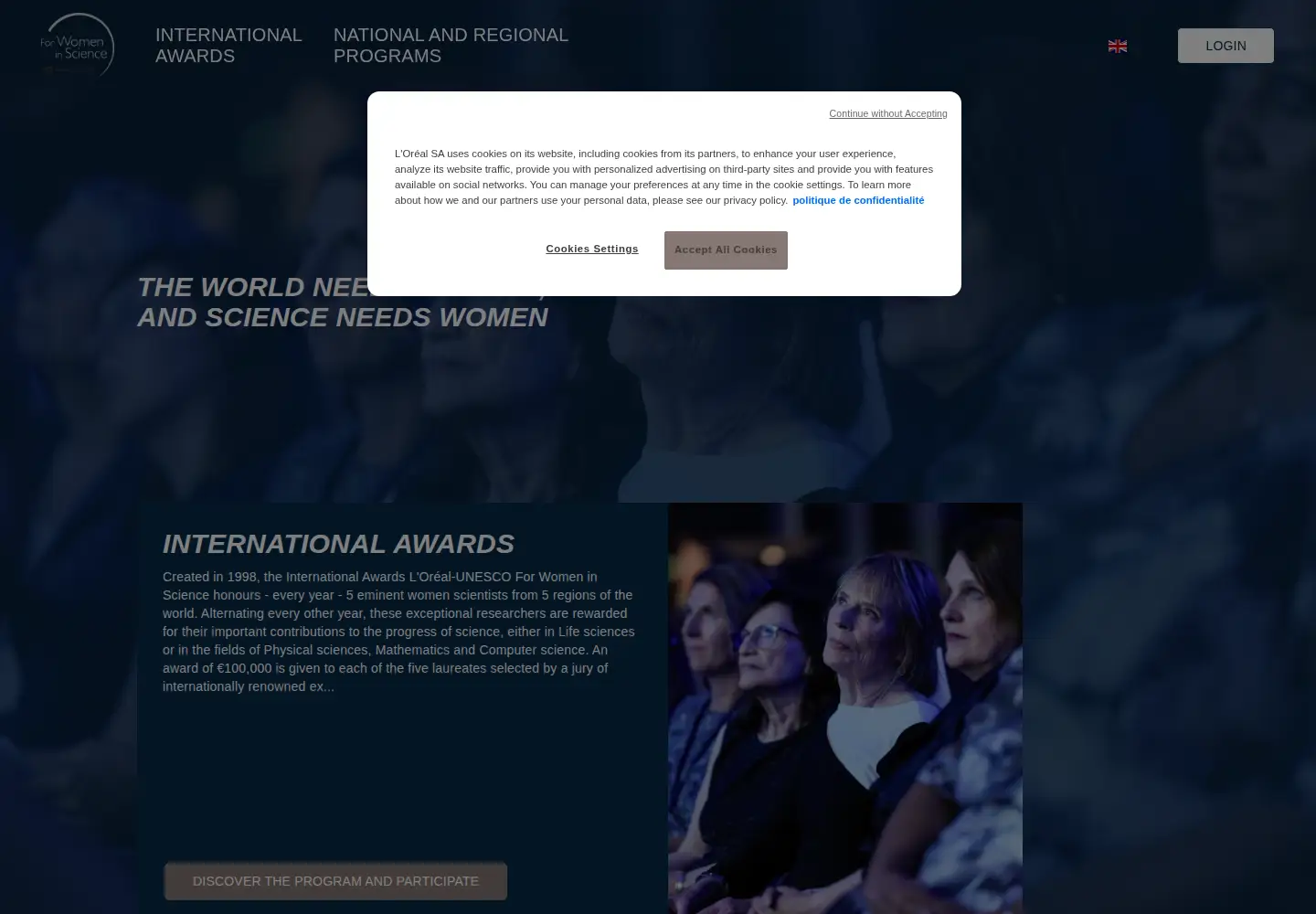 Captured homepage of forwomeninscience.com in the current scan
