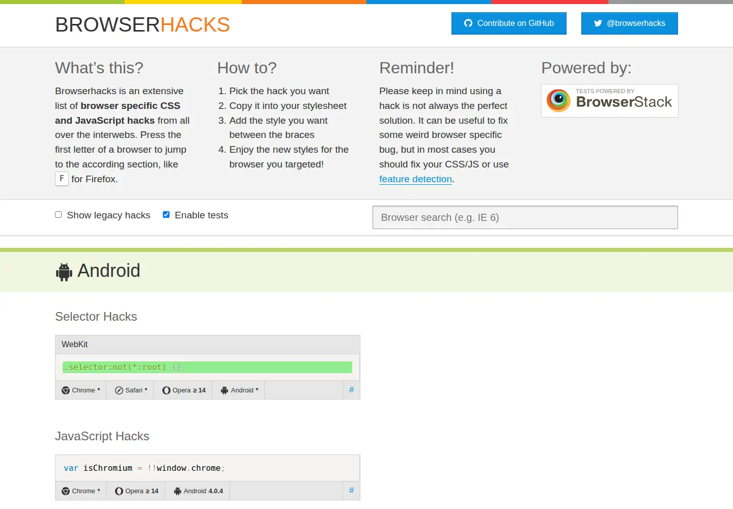 Captured homepage of browserhacks.com in the current scan