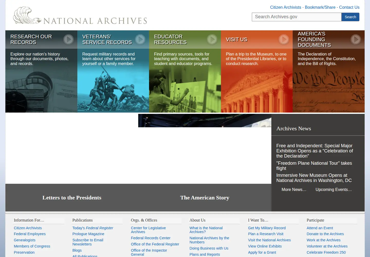 Screenshot of nara.gov