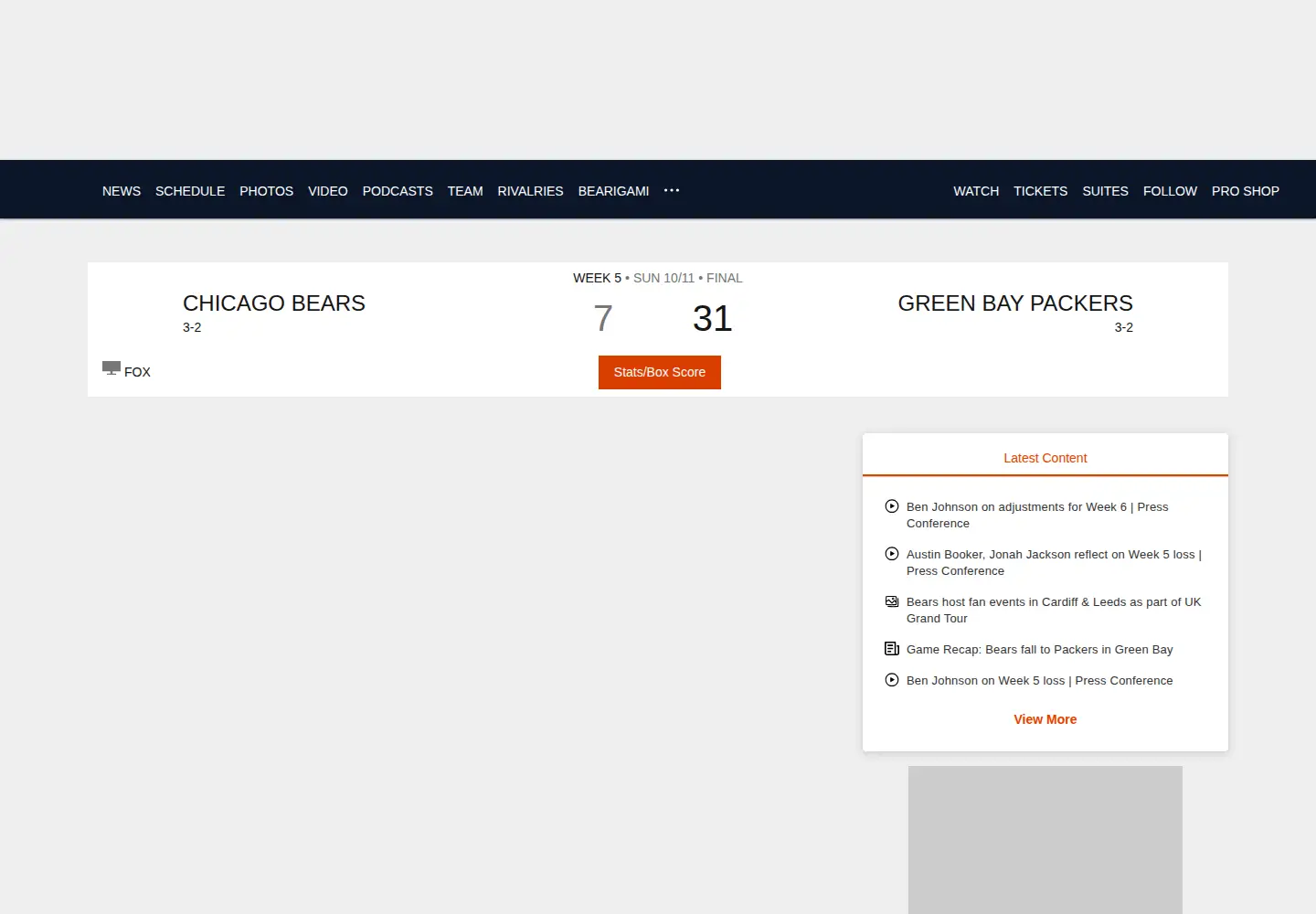 Screenshot of chicagobears.com