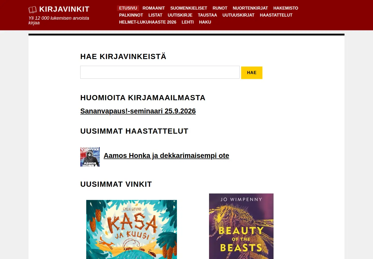 Captured homepage of kirjavinkit.fi in the current scan