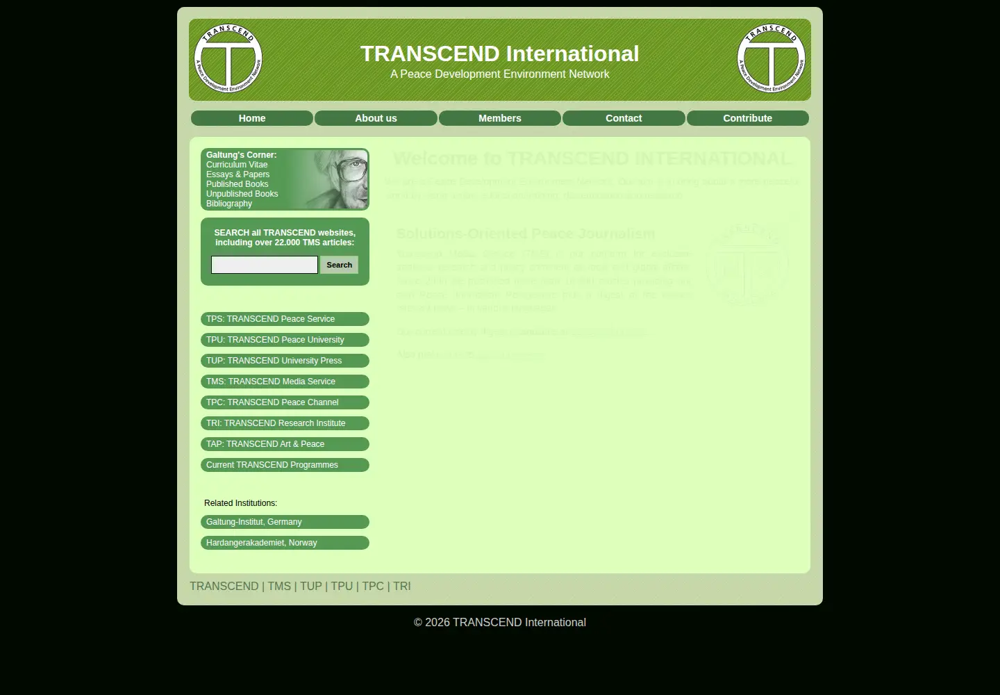 Captured homepage of transcend.org in the current scan
