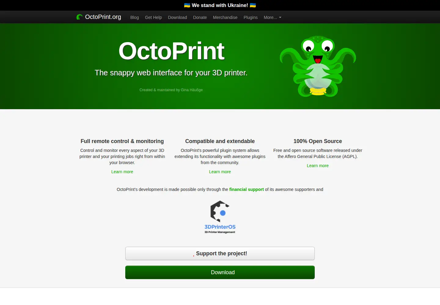 Screenshot of octoprint.org