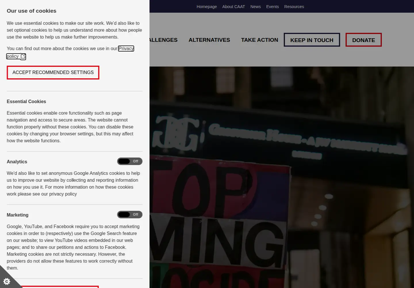 Captured homepage of caat.org.uk in the current scan