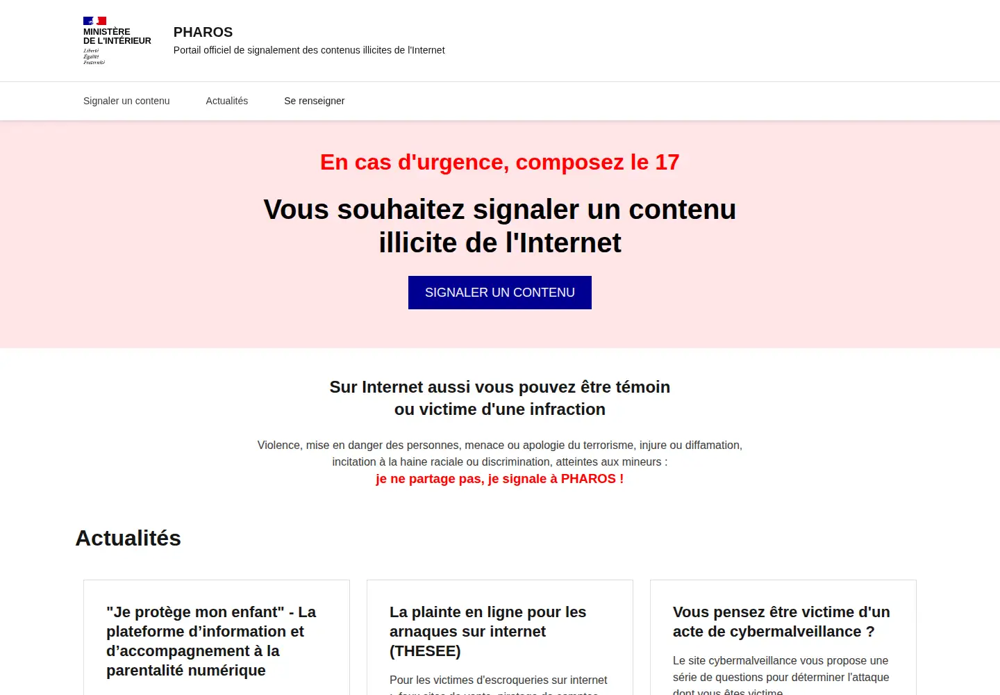 Captured homepage of internet-signalement.gouv.fr in the current scan