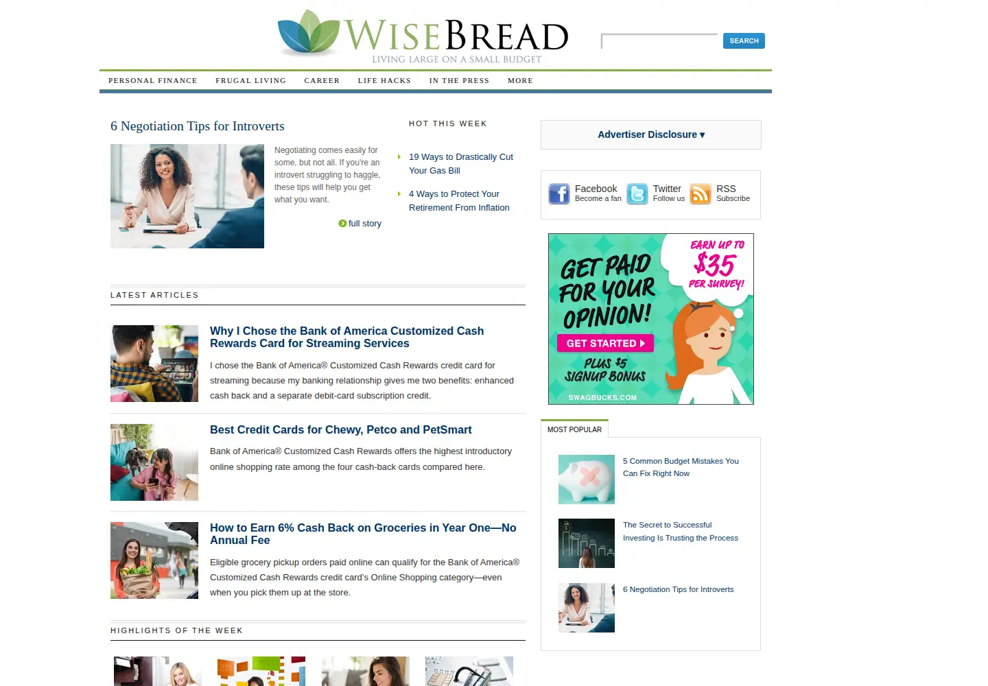 Captured homepage of wisebread.com in the current scan