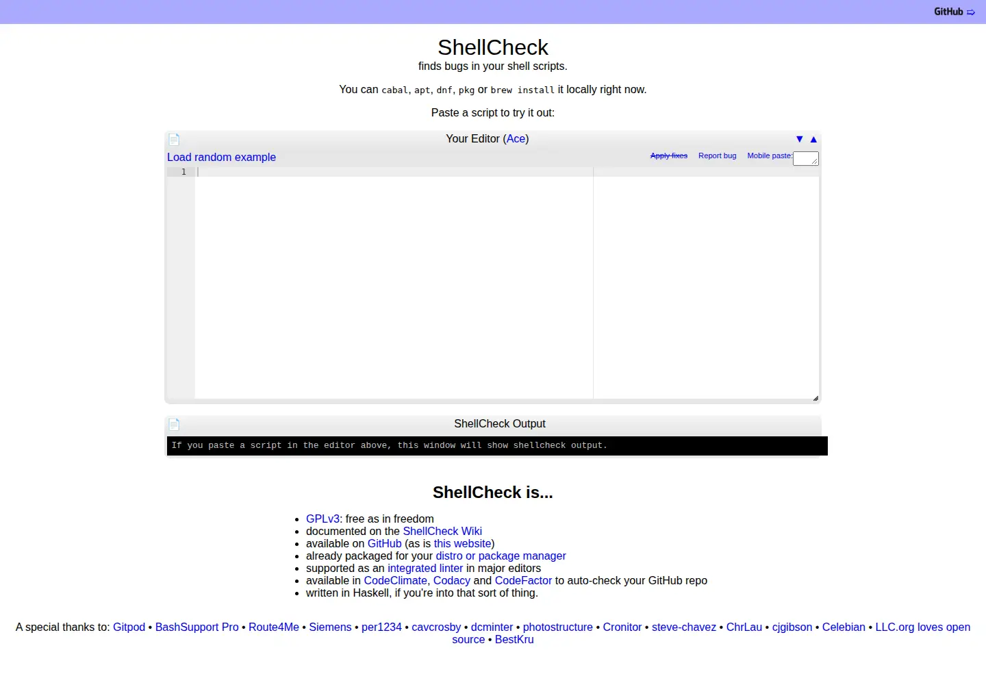 Screenshot of shellcheck.net