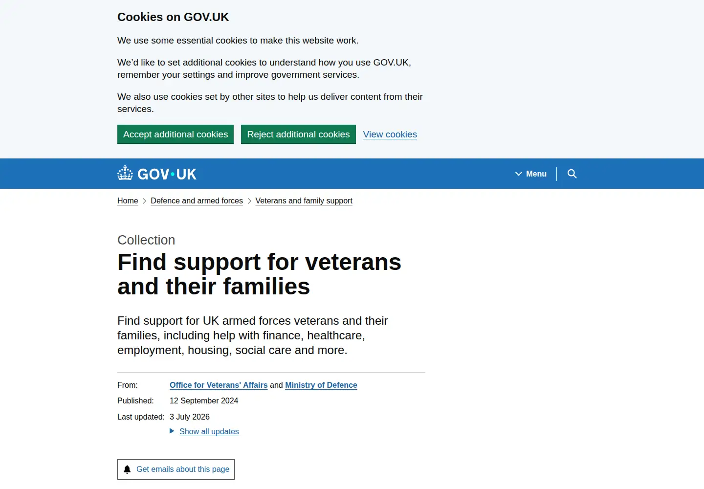 Captured homepage of veteransgateway.org.uk in the current scan