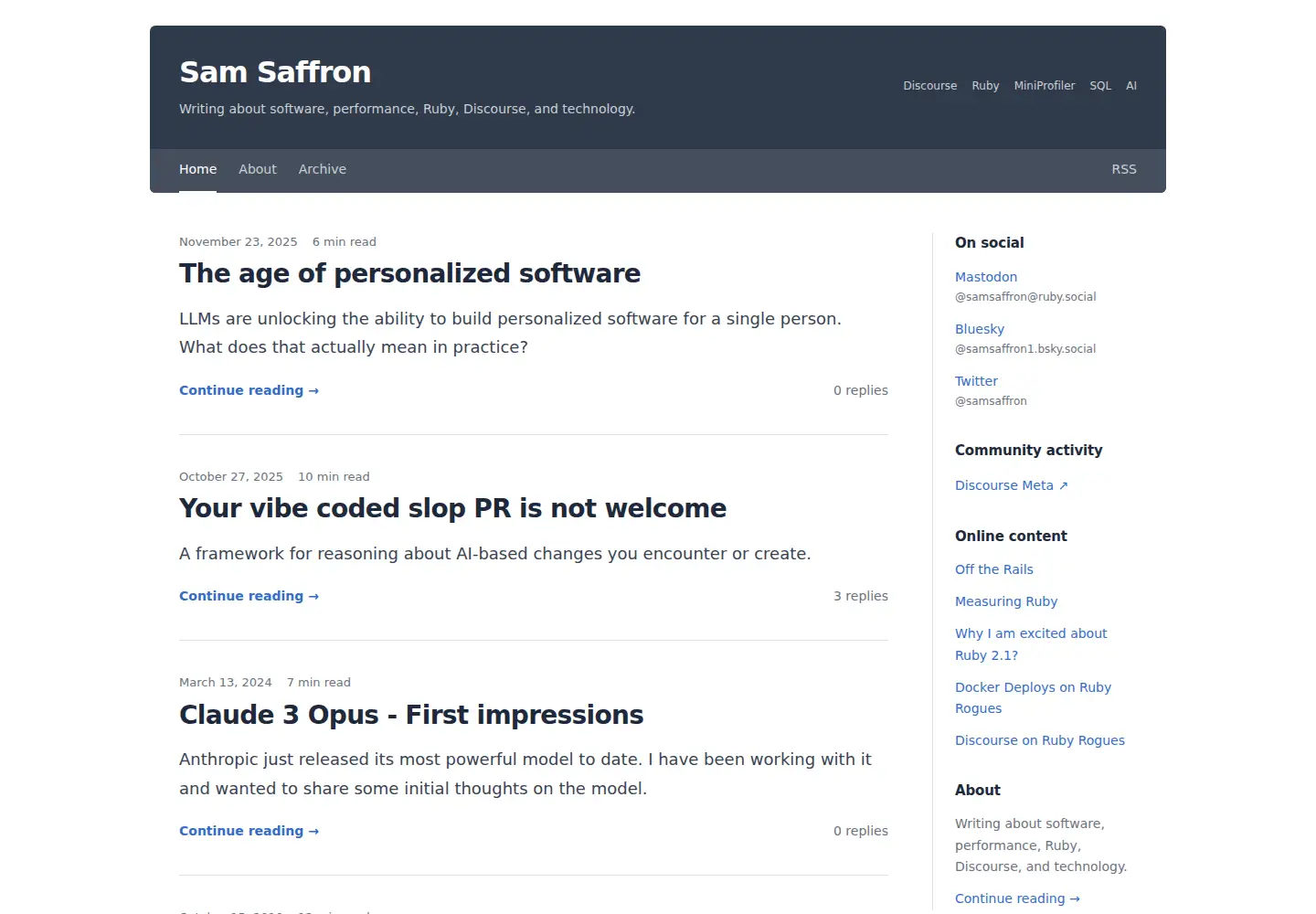 Captured homepage of samsaffron.com in the current scan