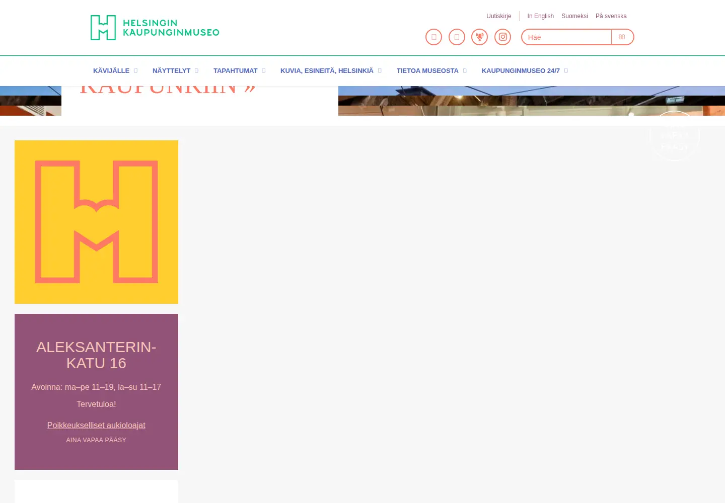 Captured homepage of helsinginkaupunginmuseo.fi in the current scan
