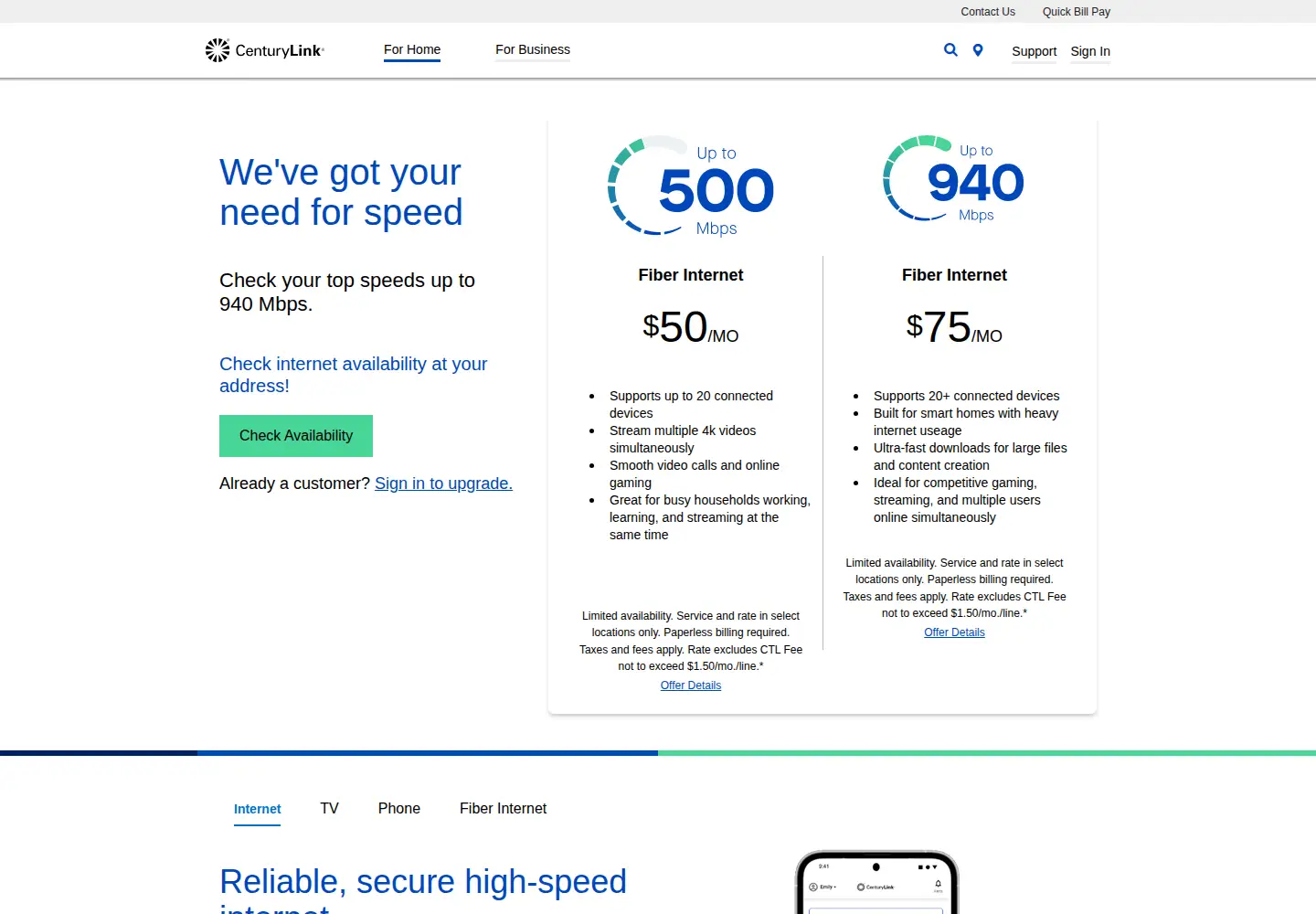 Screenshot of qwest.com