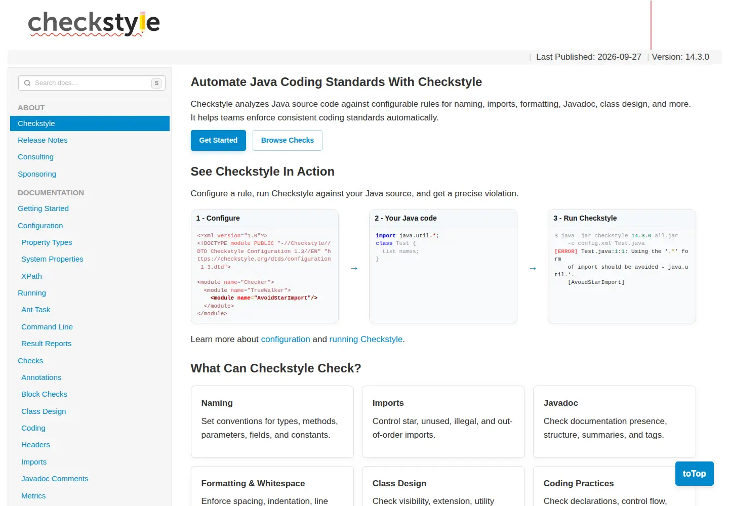 Captured homepage of checkstyle.org in the current scan