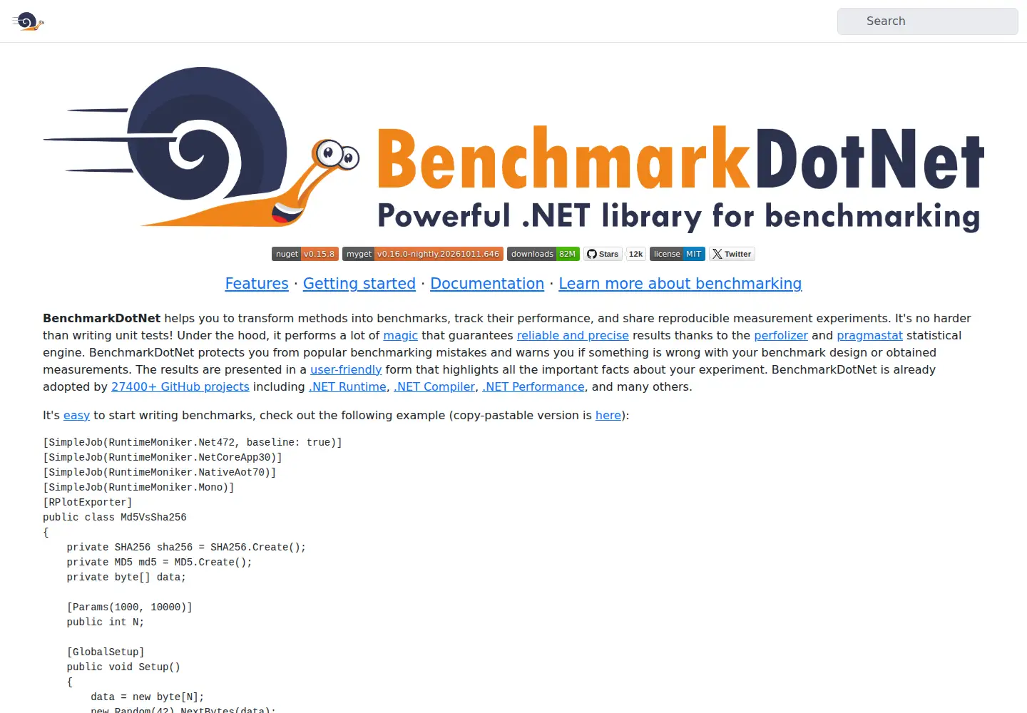 Screenshot of benchmarkdotnet.org