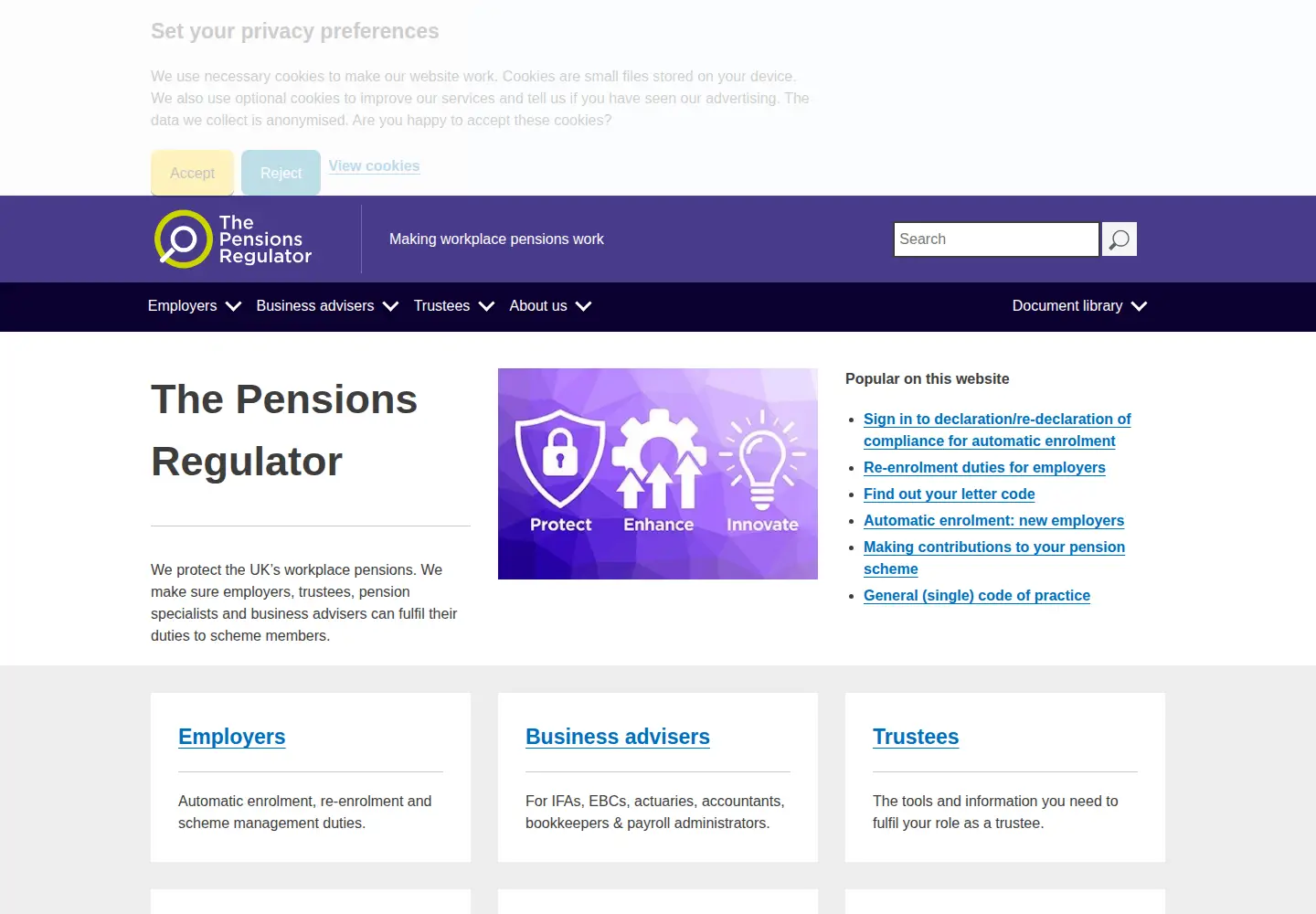 Captured homepage of thepensionsregulator.gov.uk in the current scan