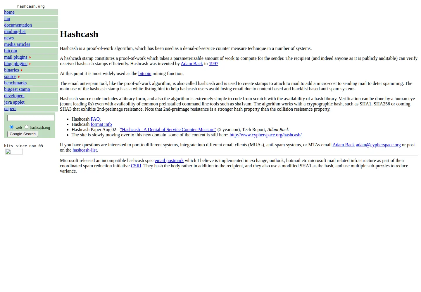 Screenshot of hashcash.org