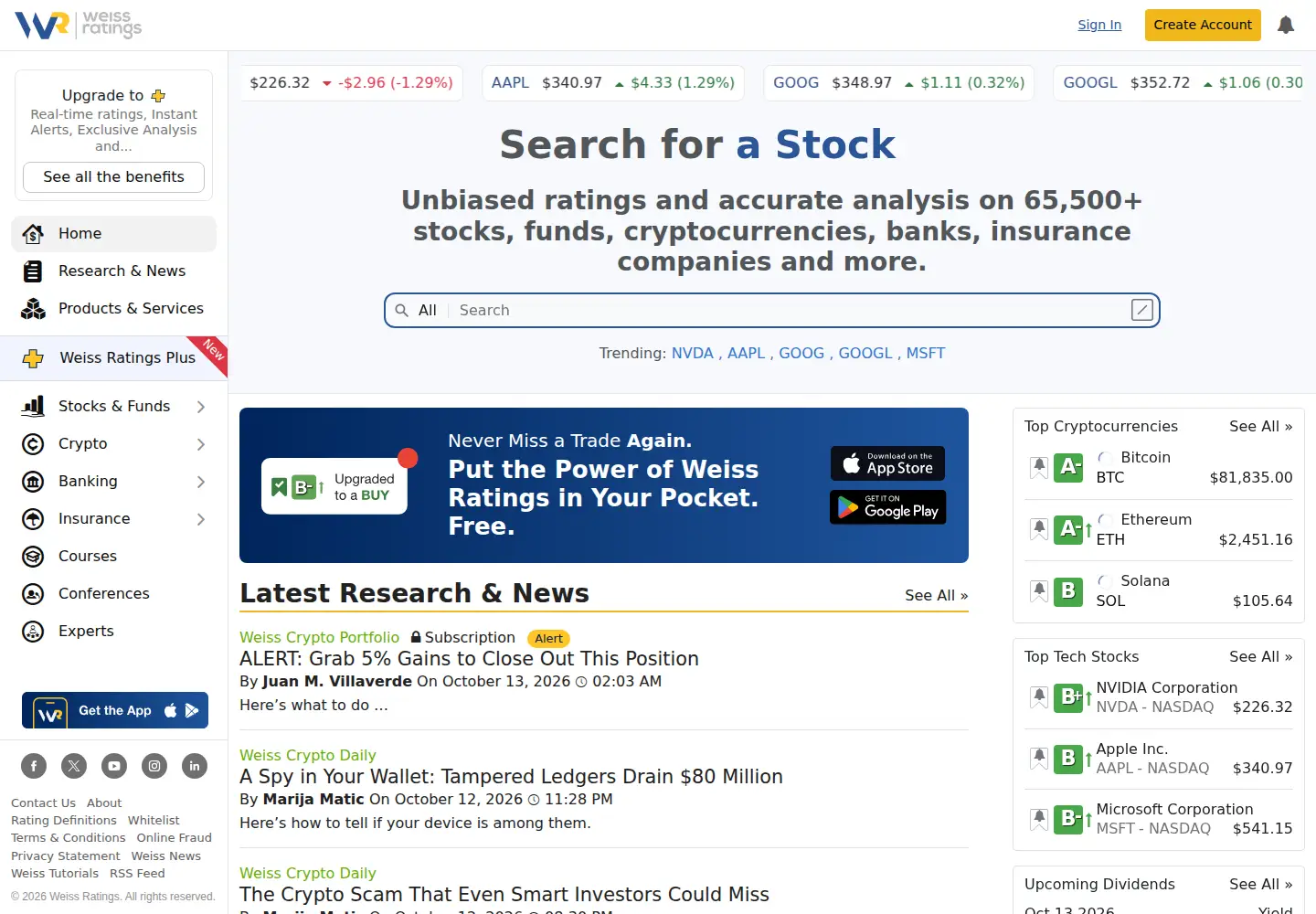 Captured homepage of weissratings.com in the current scan