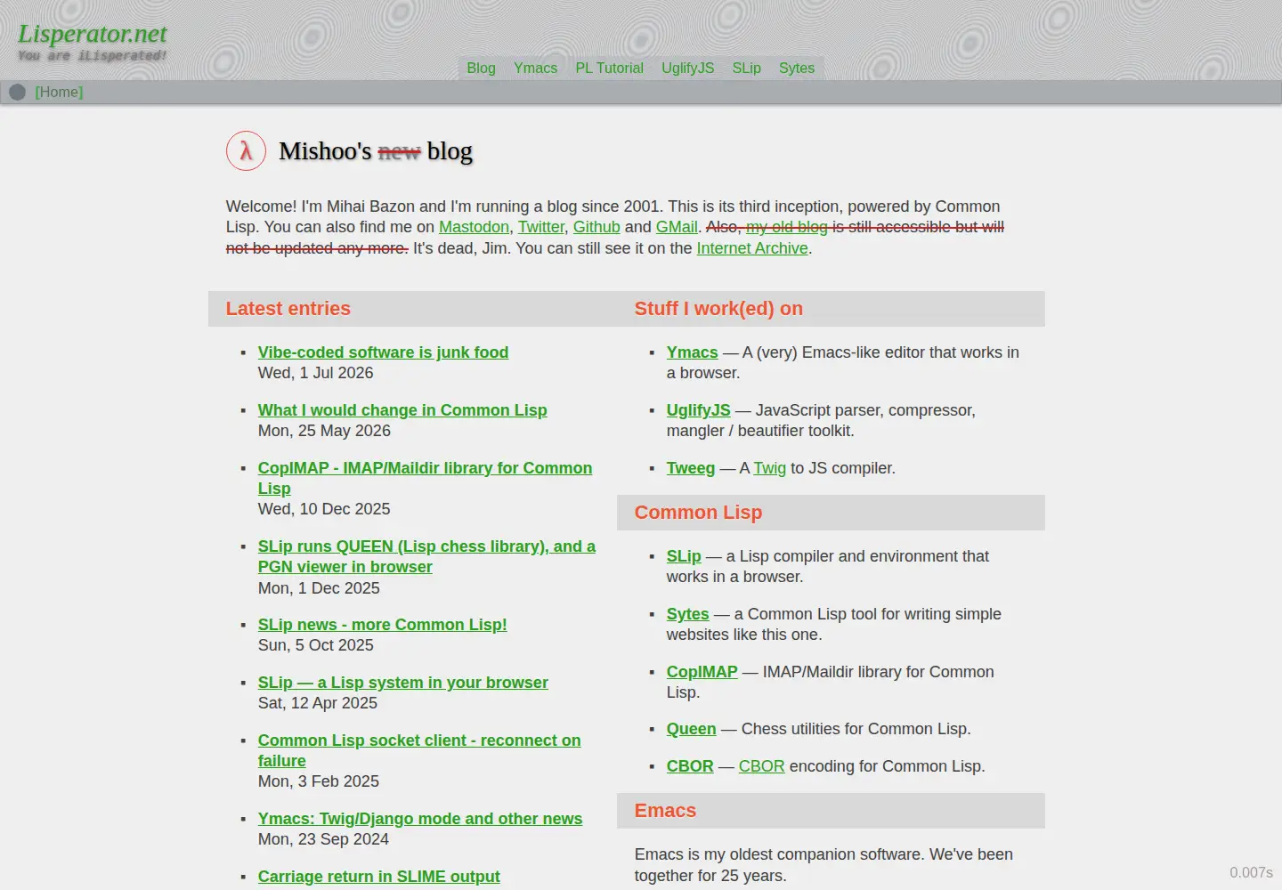 Captured homepage of lisperator.net in the current scan