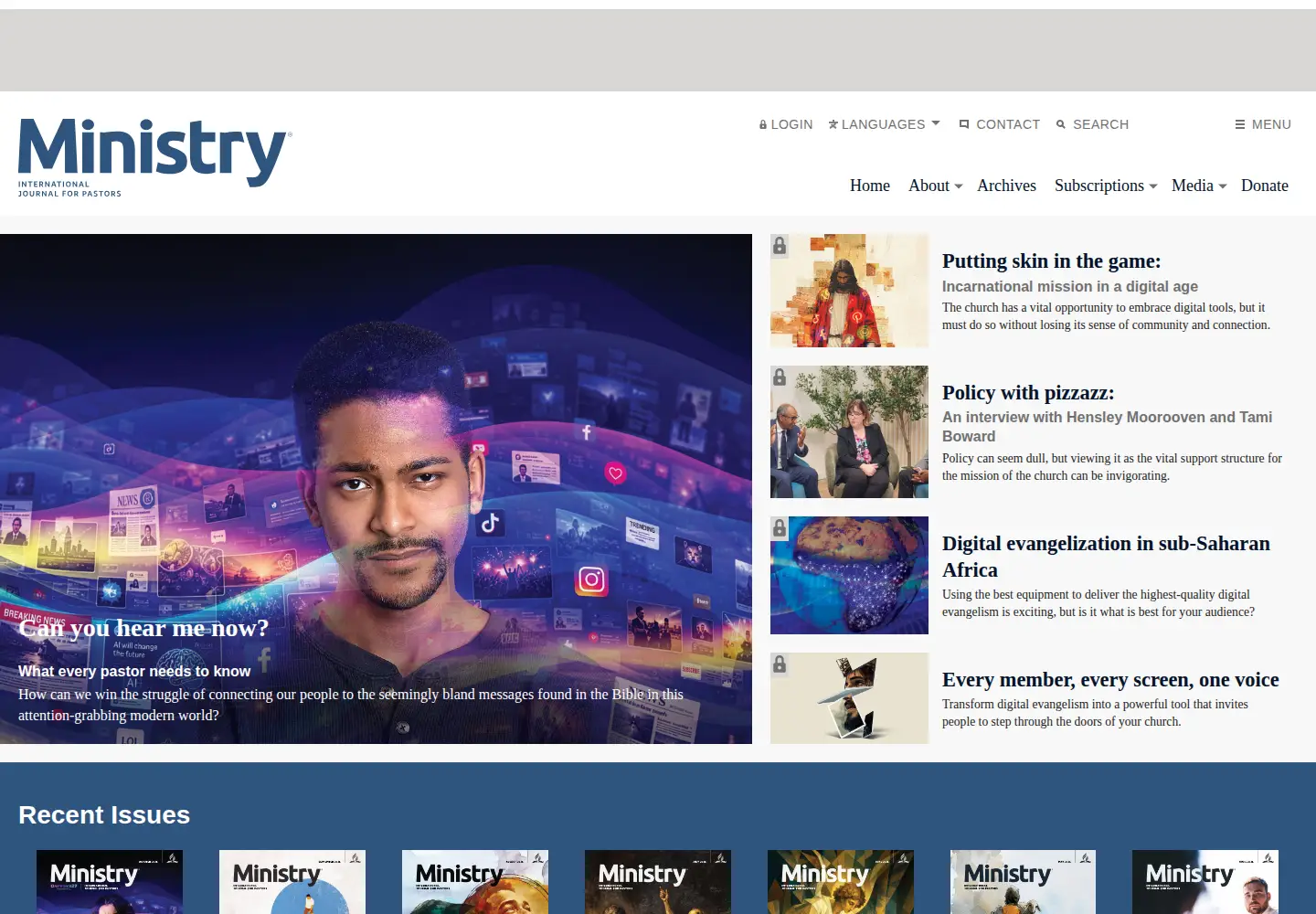 Captured homepage of ministrymagazine.org in the current scan