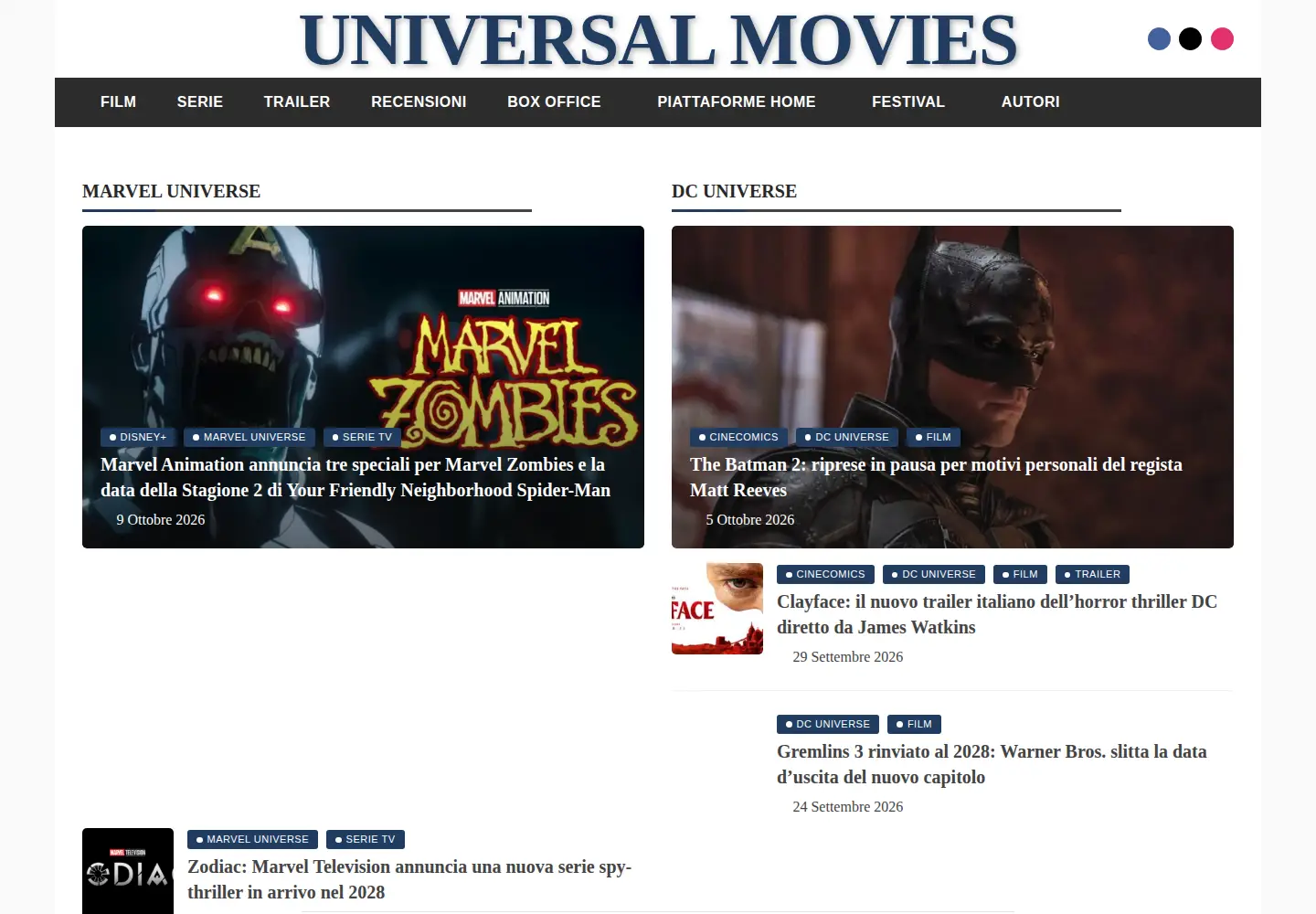 Captured homepage of universalmovies.it in the current scan