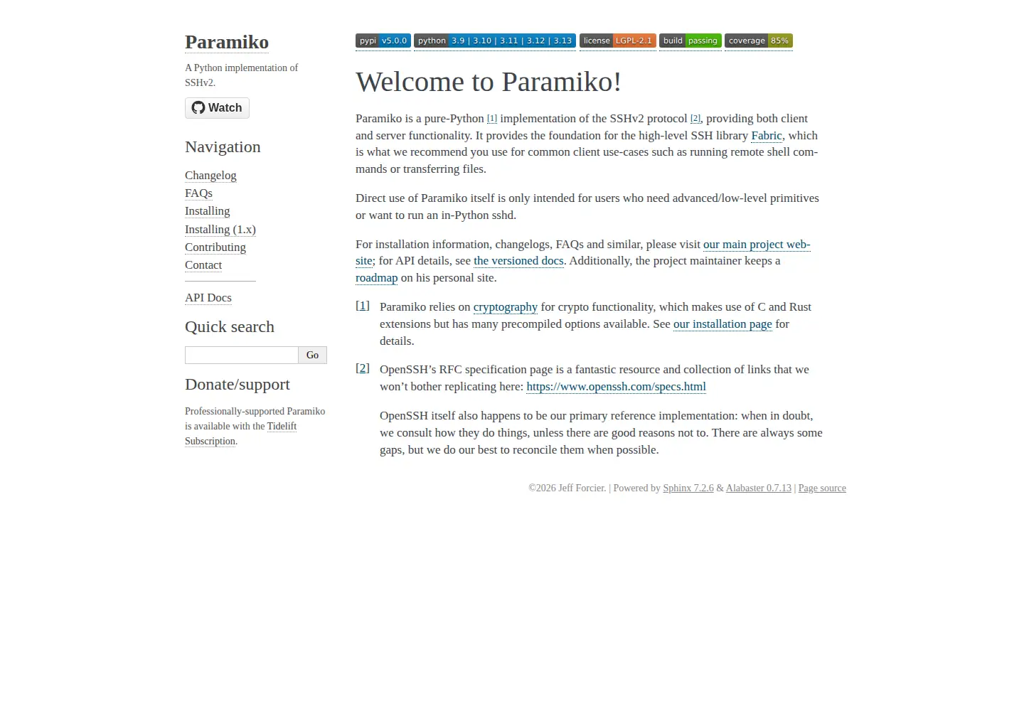 Captured homepage of paramiko.org in the current scan