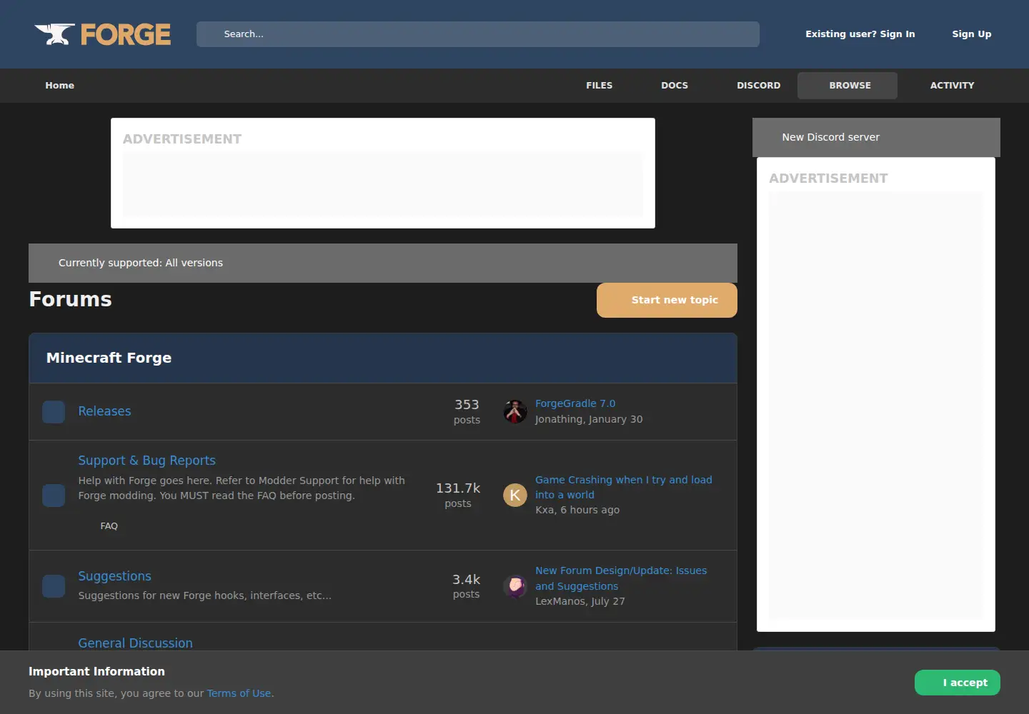 Screenshot of minecraftforge.net