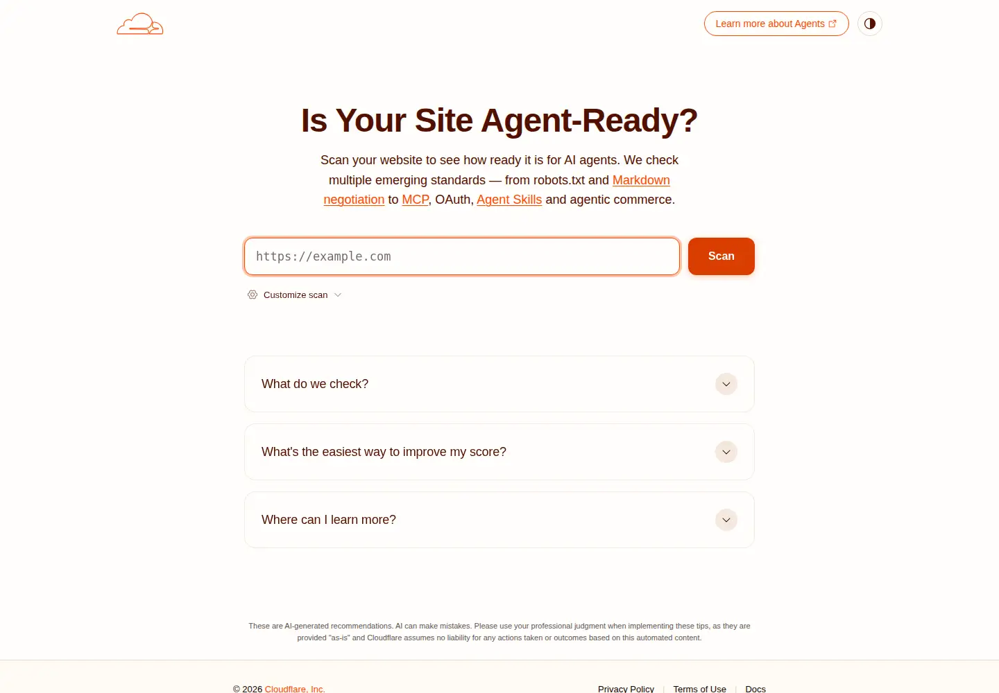 Captured homepage of isitagentready.com in the current scan