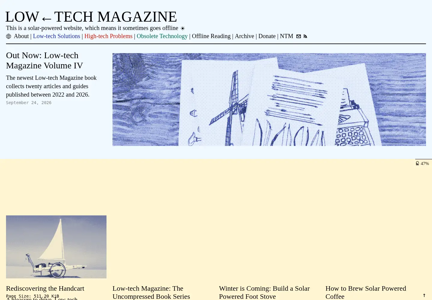 Captured homepage of lowtechmagazine.com in the current scan