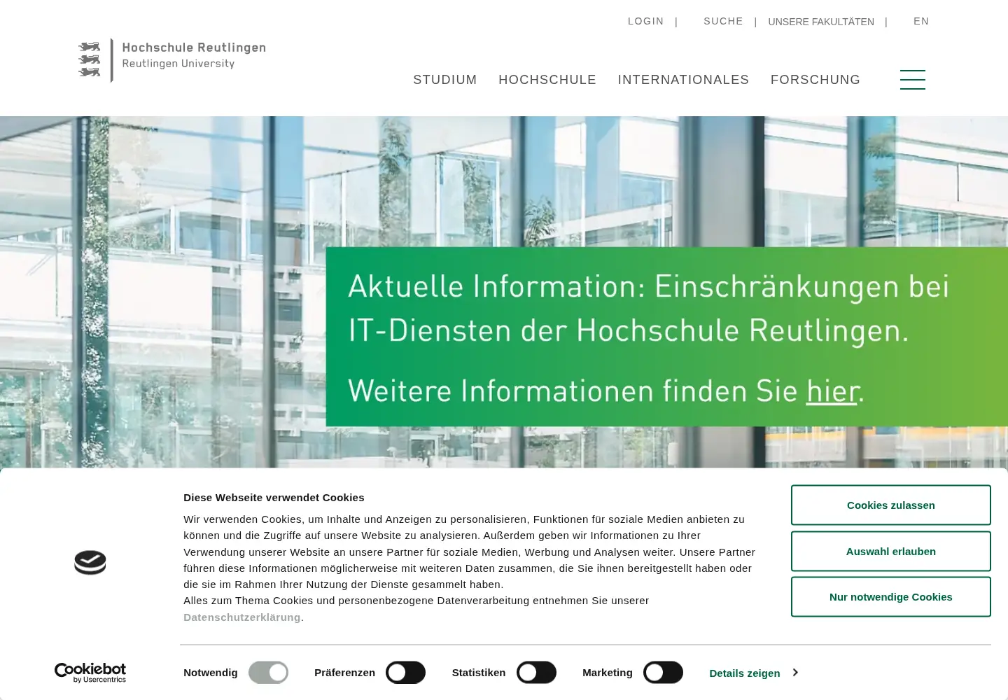 Captured homepage of reutlingen-university.de in the current scan