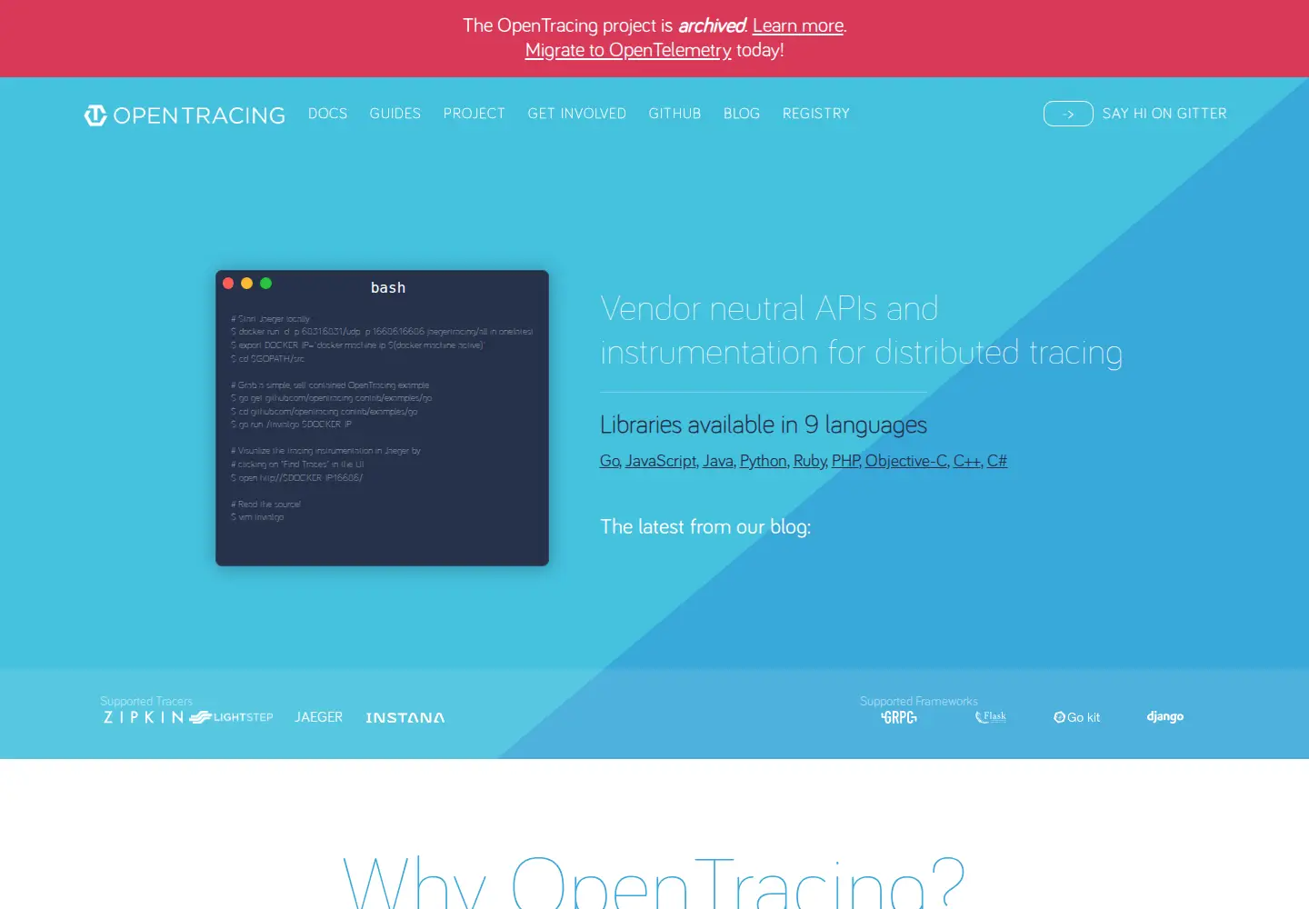 Captured homepage of opentracing.io in the current scan
