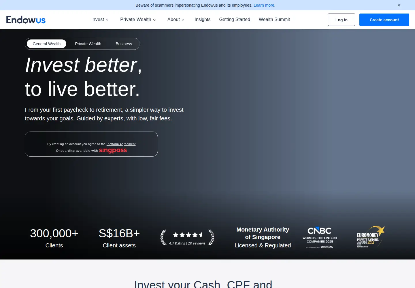 Captured homepage of endowus.com in the current scan