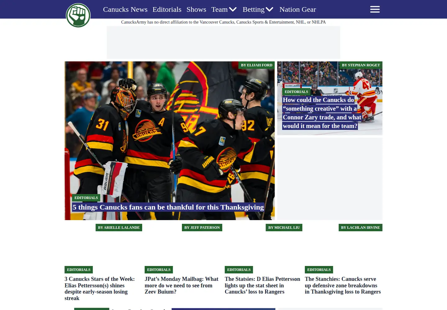 Captured homepage of canucksarmy.com in the current scan