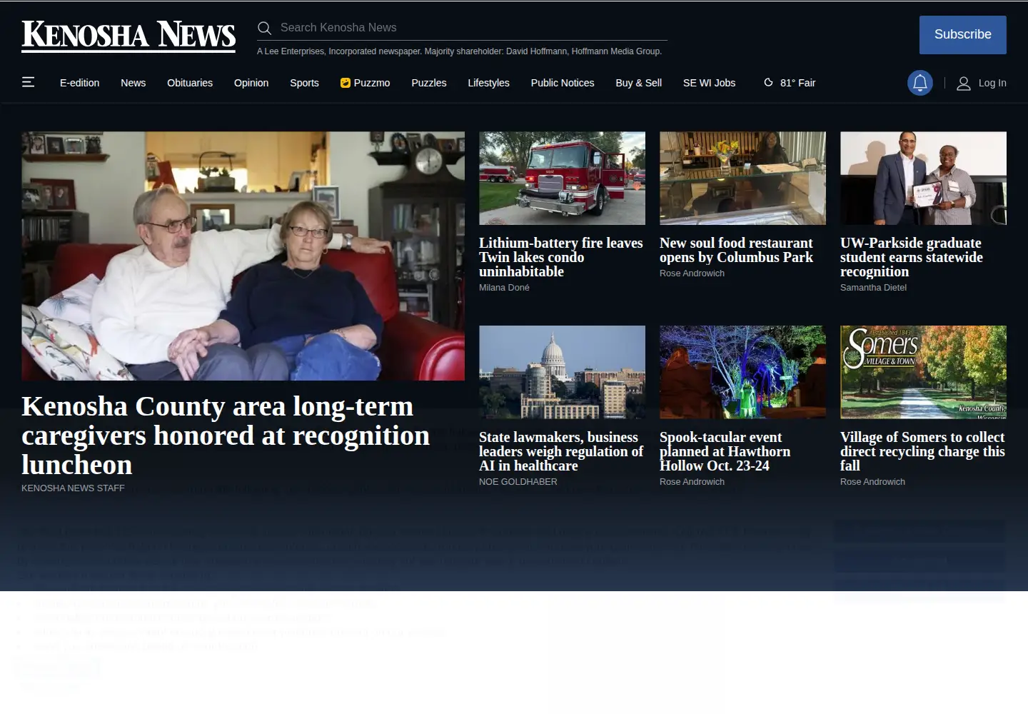 Captured homepage of kenoshanews.com in the current scan