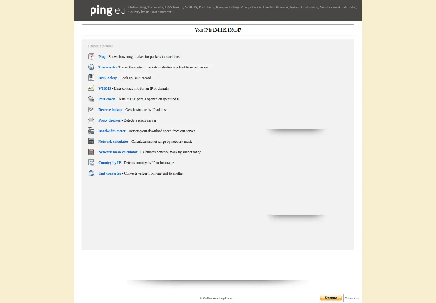 Captured homepage of ping.eu in the current scan