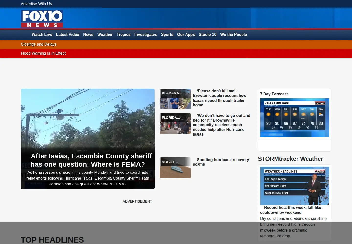 Captured homepage of fox10tv.com in the current scan
