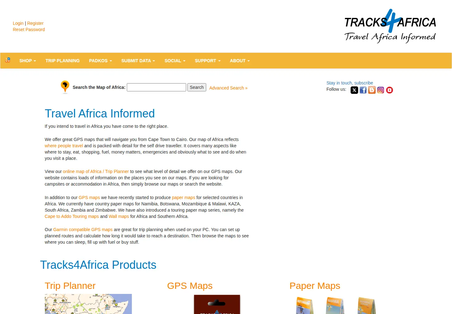 Captured homepage of tracks4africa.co.za in the current scan