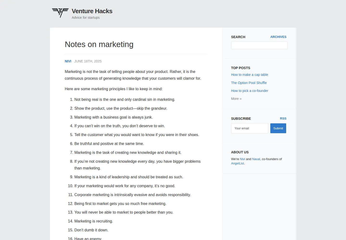 Captured homepage of venturehacks.com in the current scan