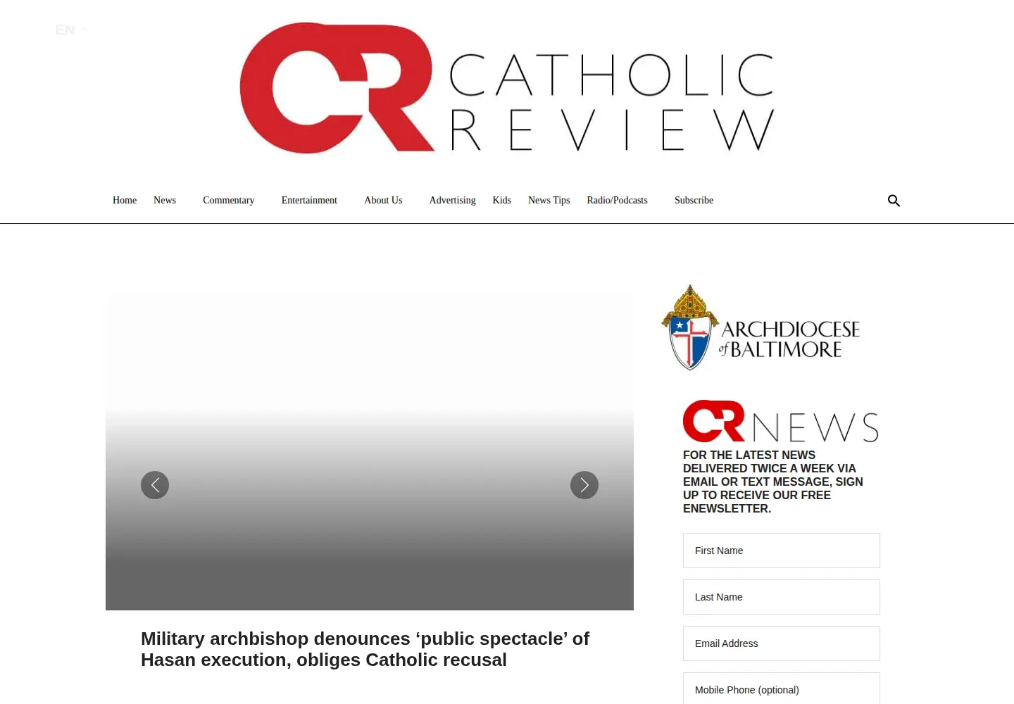 Captured homepage of catholicreview.org in the current scan