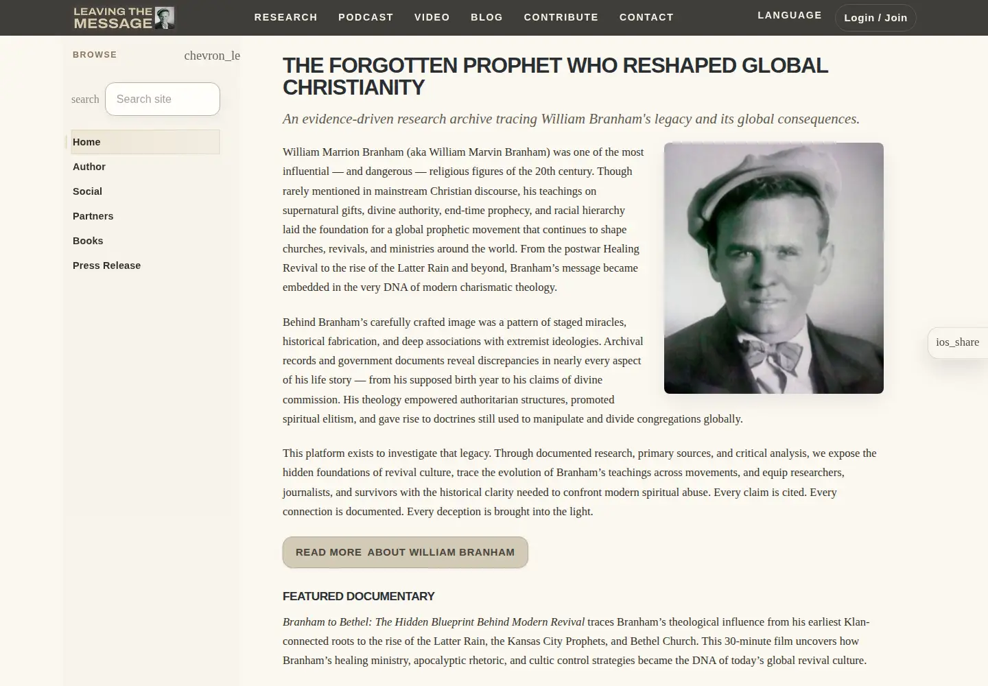 Captured homepage of william-branham.org in the current scan