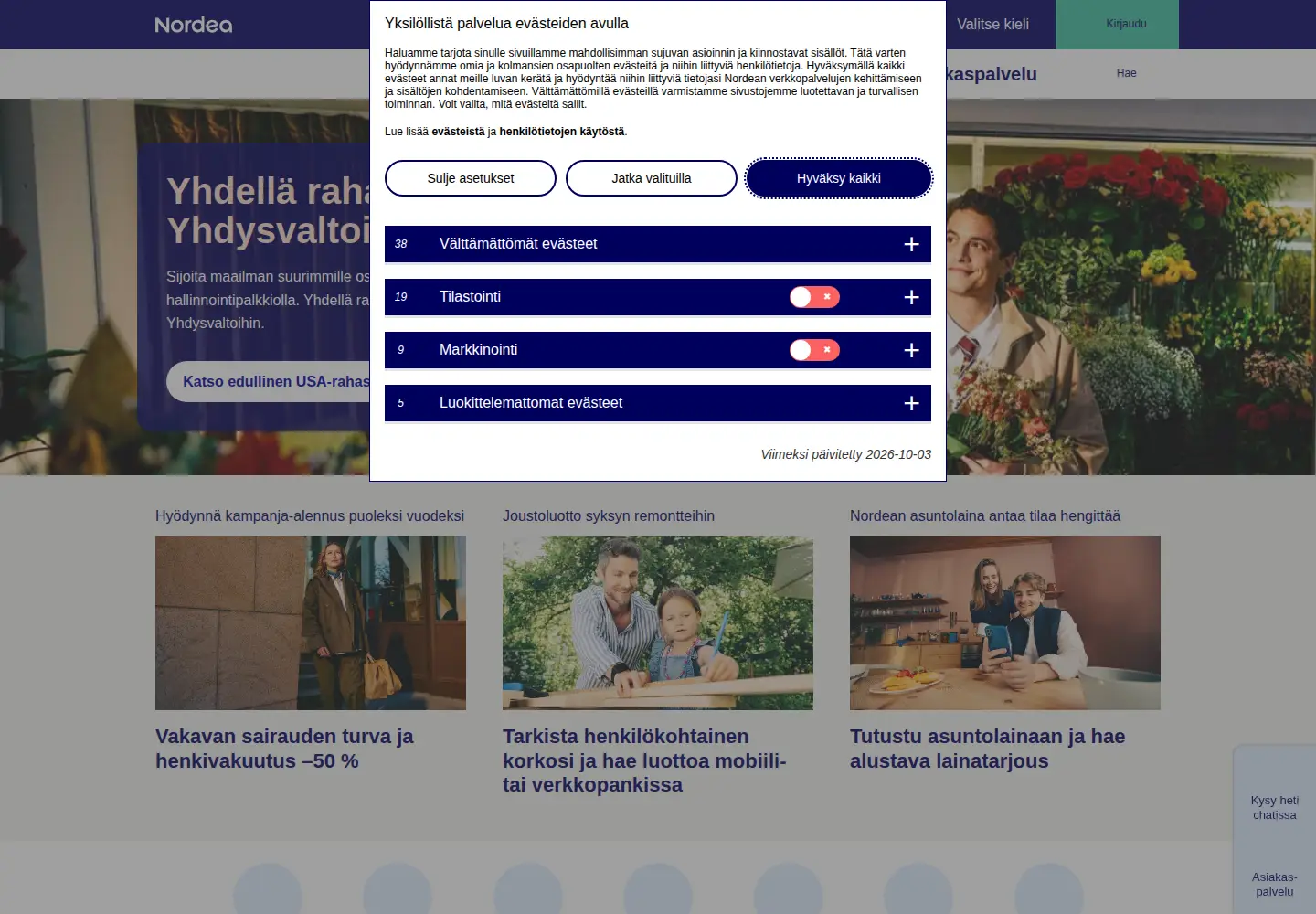 Captured homepage of nordea.fi in the current scan